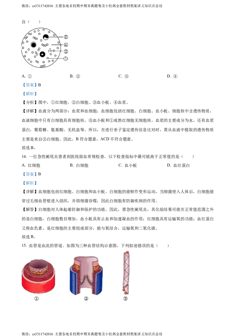 精品解析：北京市东城区2022-2023学年七年级下学期期末生物试题（解析版）(1)_北京初中期末题_C605-京七八九_B京生物七八九_北京7下生物_2022-2024_北京生物7下期末