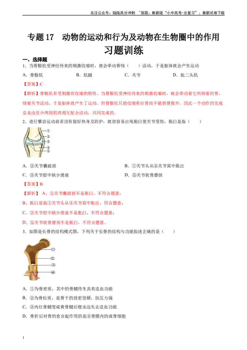 专题17哺乳动物的运动及动物在生物圈中的作用（习题精练）-省心备考2024年中考生物一轮复习精讲精练（全国通用）（解析版）_02中考总复习（2026版更新中）_08-生物-中考总复习