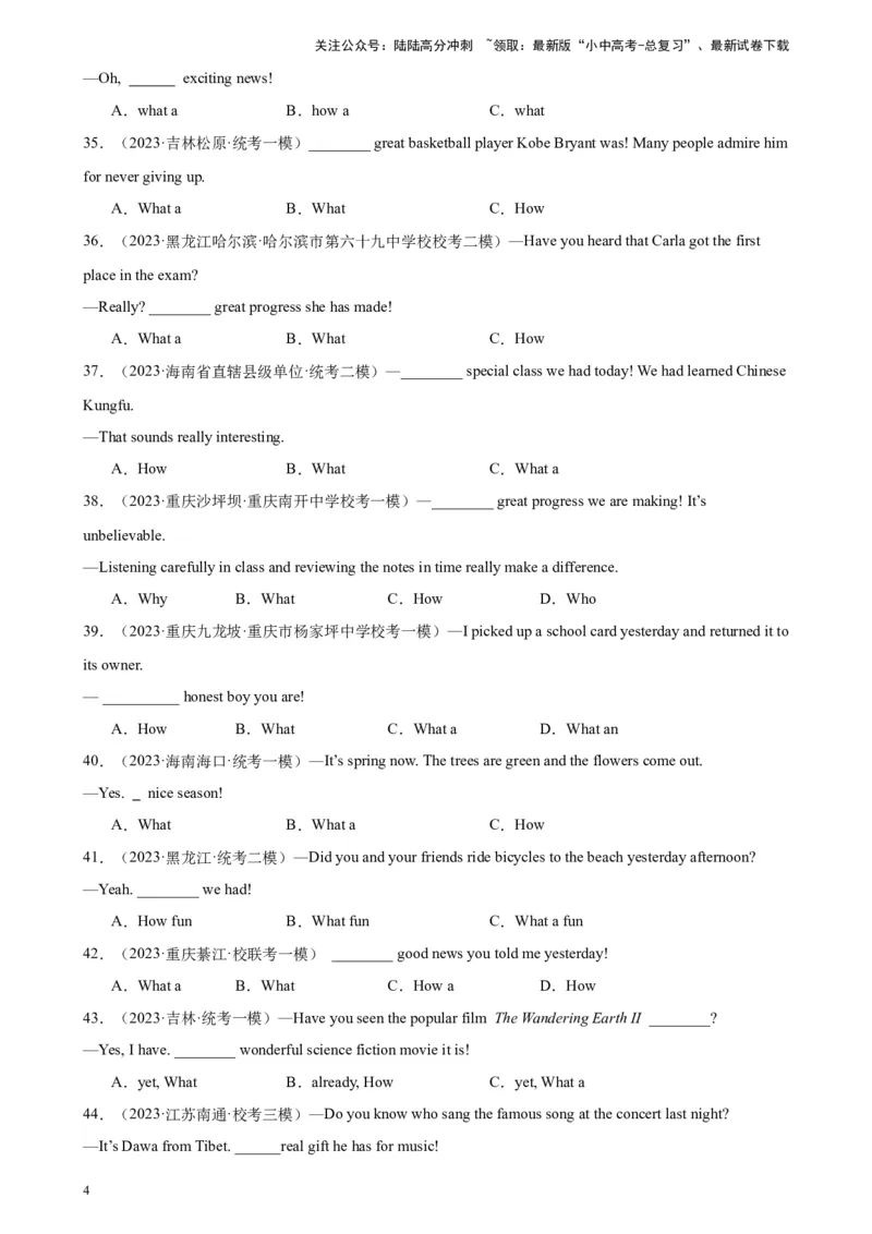 专题20感叹句100题_02中考总复习（2026版更新中）_03-英语-中考总复习_2024年中考复习资料_专项复习资料_备战2024年中考英语单项选择百题分类训练（中考真题+名地最新模拟题）_538