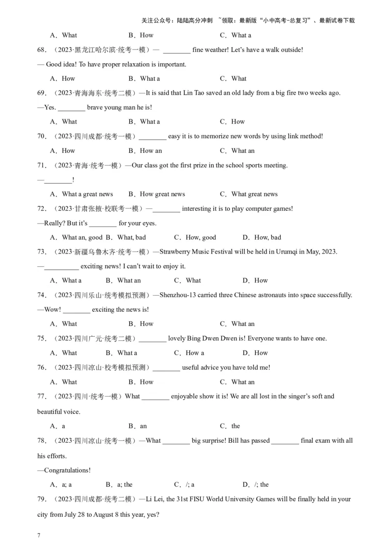 专题20感叹句100题_02中考总复习（2026版更新中）_03-英语-中考总复习_2024年中考复习资料_专项复习资料_备战2024年中考英语单项选择百题分类训练（中考真题+名地最新模拟题）_538