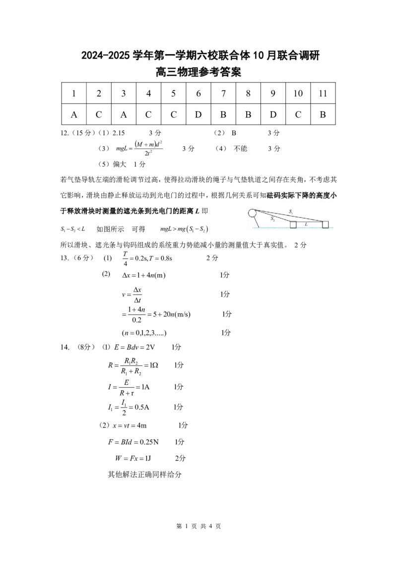 六校联考答案_A1502026各地模拟卷（超值！）_10月_241023江苏省南京市六校联合体2024-2025学年高三上学期10月期中调研_江苏省南京市六校联合体2024-2025学年高三上学期10月期中物理试题