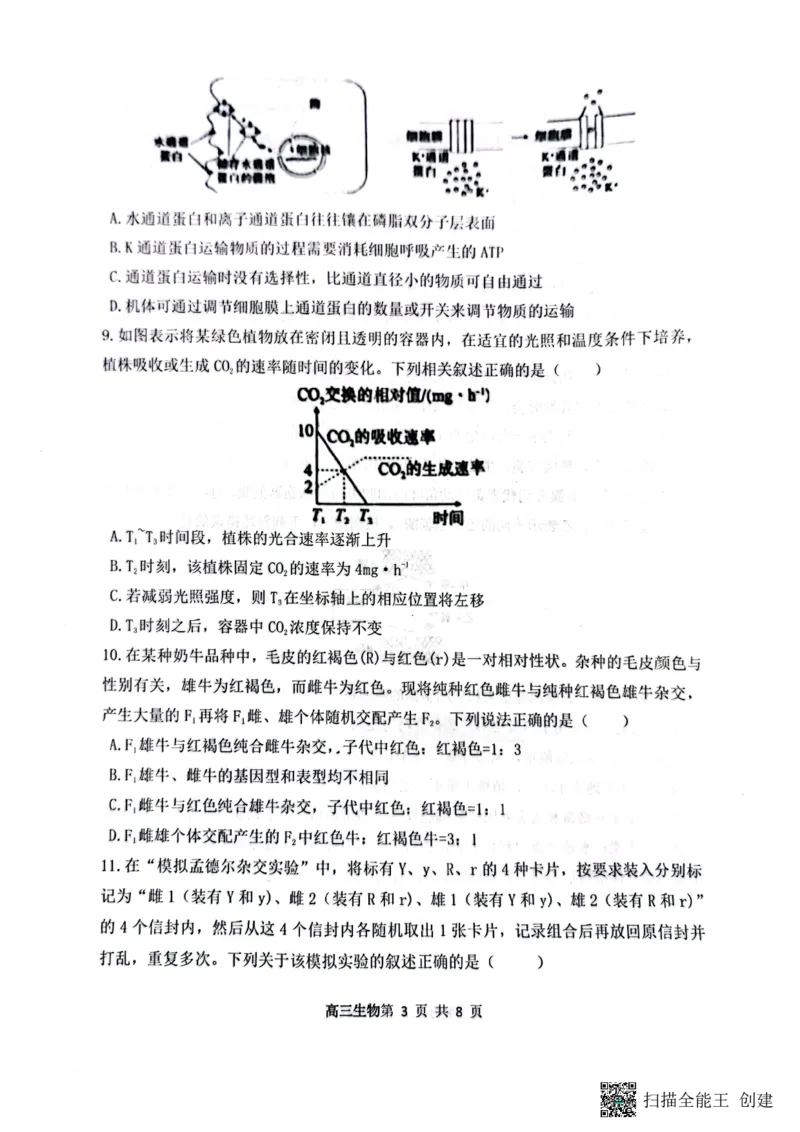 山西省大同市第一中学校2024-2025学年高三上学期9月月考生物_A1502026各地模拟卷（超值！）_10月_241006山西省大同市第一中学校2024-2025学年高三上学期9月月考