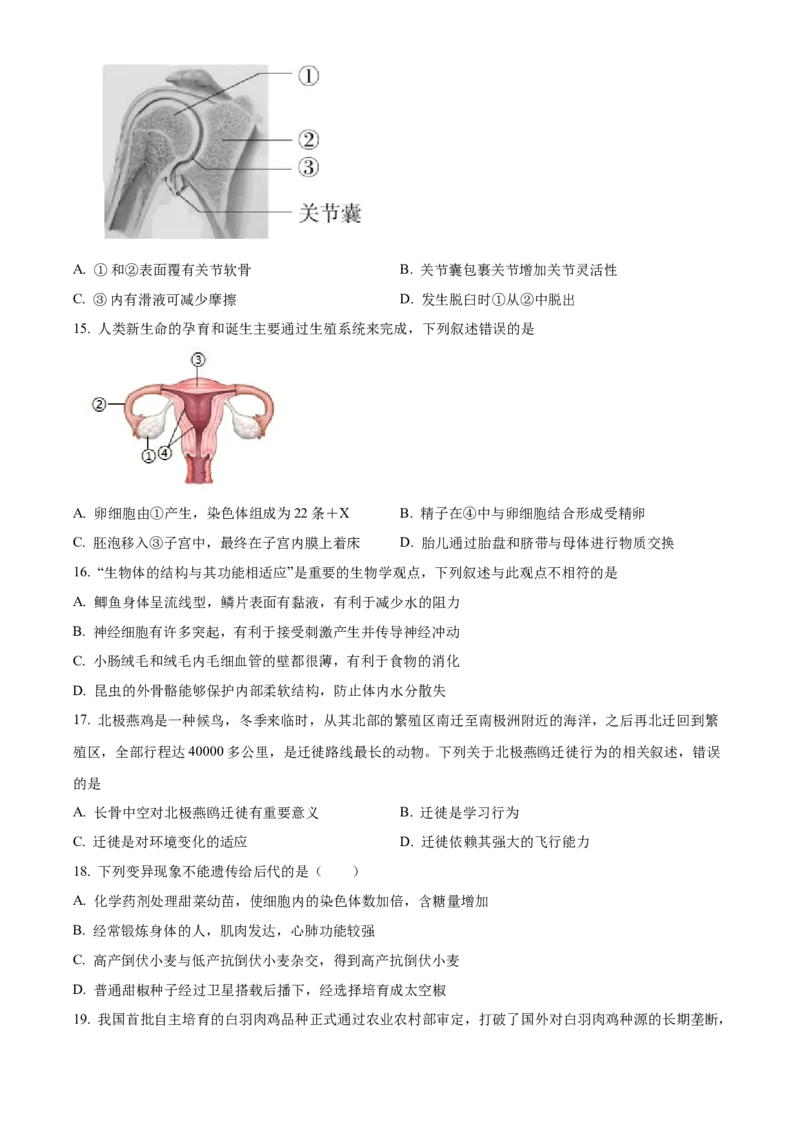 精品解析：北京市北师大附中2022--2023学年八年级下学期期中生物试题（原卷版）(1)_北京初中期末题_C605-京七八九_B京生物七八九_北京八下生物