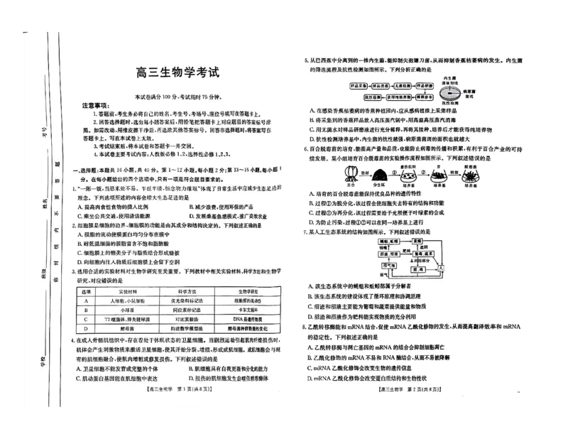 四川金太阳2024-2025学年高三上学期9月开学考试（25-07C）生物试卷_A1502026各地模拟卷（超值！）_9月_240913四川重庆金太阳2024-2025学年高三上学期9月开学考试（25-07C)
