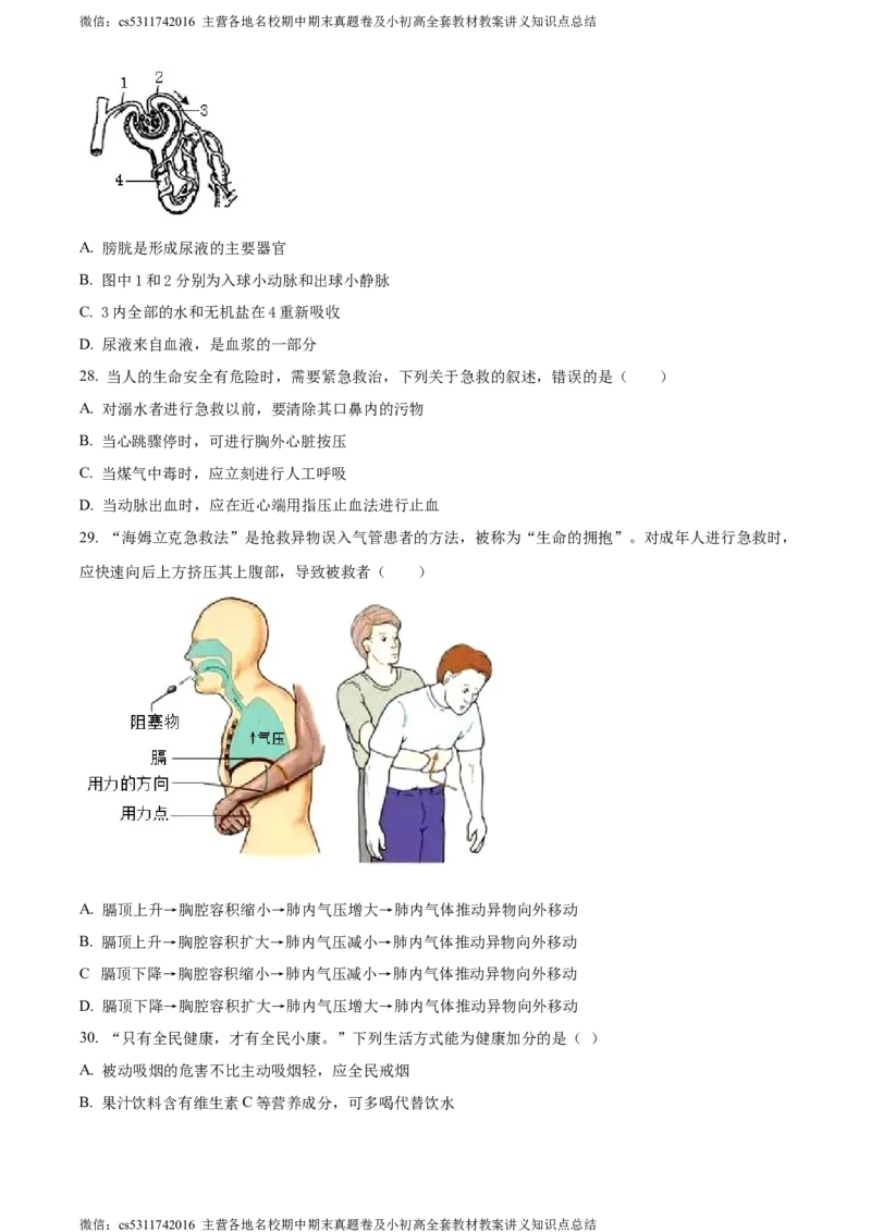 精品解析：北京市一零一中学教育集团2022-2023学年七年级下学期期中生物试题（原卷版）(1)_北京初中期末题_C605-京七八九_B京生物七八九_北京7下生物_2022-2024_北京生物7下期中