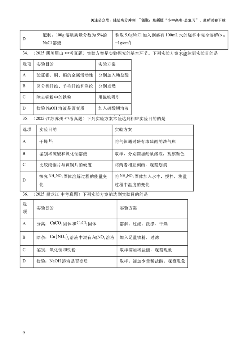 专题17物质的检验、鉴别与除杂（原卷版）_02中考总复习（2026版更新中）_05-化学-中考总复习_2026年中考复习（更新中）_好题汇编三年（2023-2025）中考化学真题分类汇编（全国通用）