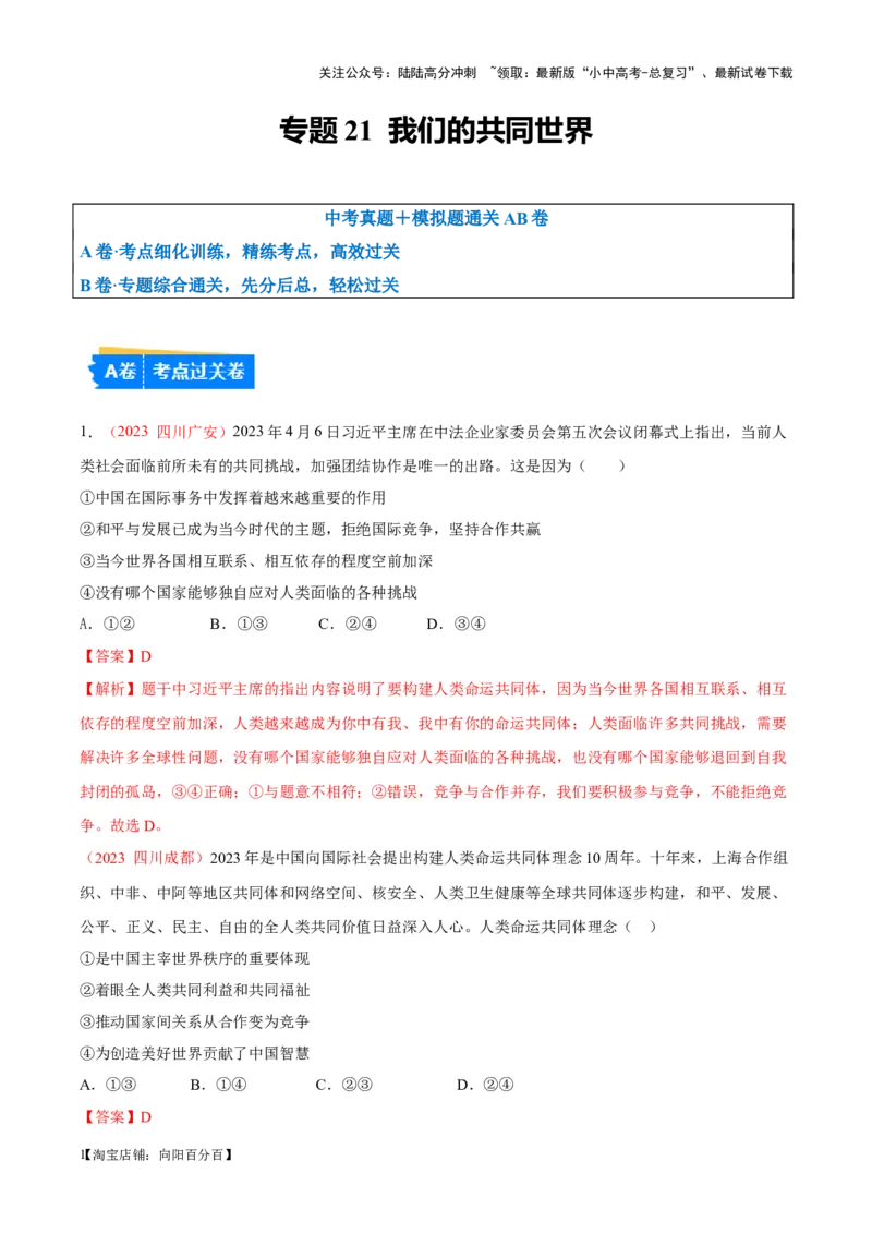 专题21我们的共同世界（考点通关）（解析版）_02中考总复习（2026版更新中）_07-道法-中考总复习_2024年中考复习资料_一轮复习_备战2024年中考道德与法治一轮复习考点帮（全国通用）