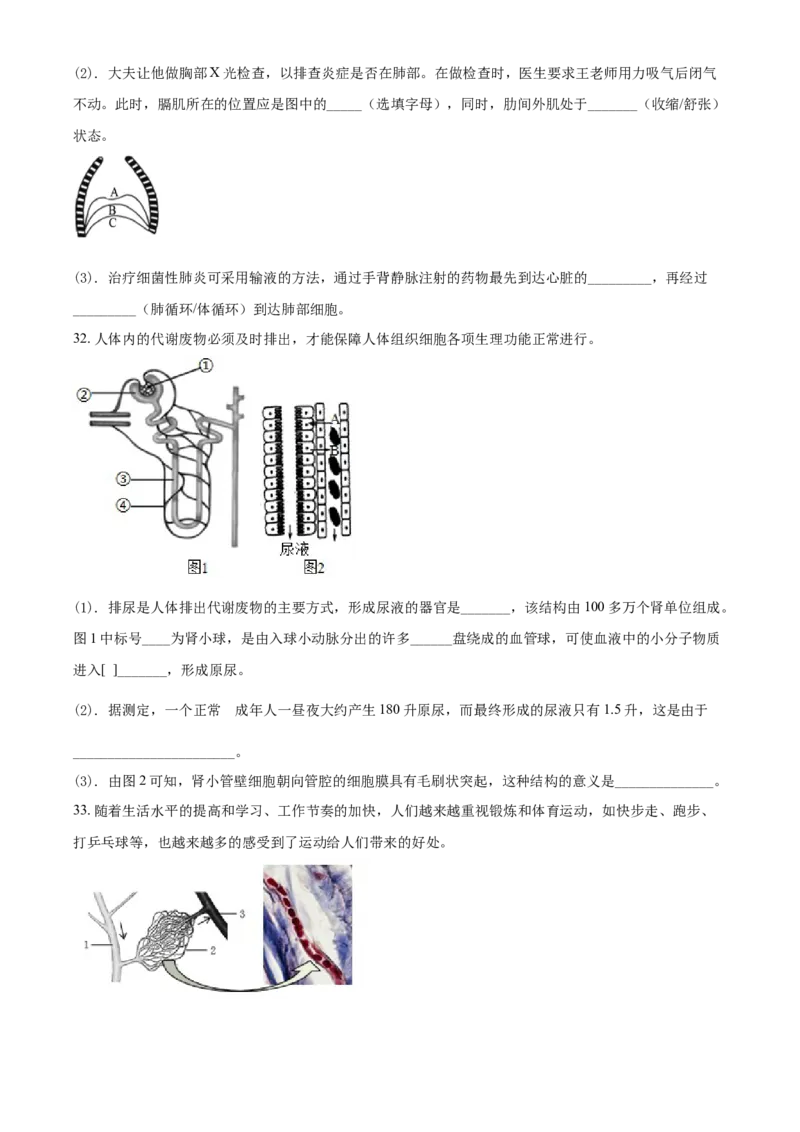 精品解析：北京市延庆区2020-2021学年七年级下学期期末生物试题（原卷版）(1)_北京初中期末题_C605-京七八九_B京生物七八九_北京7下生物_2020-2021