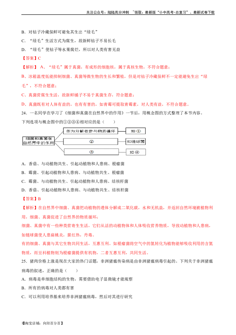 专题18细菌、真菌和病毒（习题精练）-省心备考2024年中考生物一轮复习精讲精练（全国通用）（解析版）_02中考总复习（2026版更新中）_08-生物-中考总复习_2024年中考复习资料