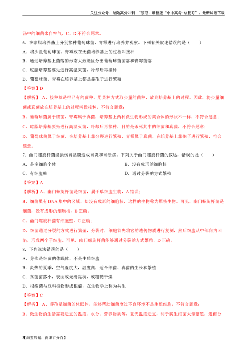 专题18细菌、真菌和病毒（习题精练）-省心备考2024年中考生物一轮复习精讲精练（全国通用）（解析版）_02中考总复习（2026版更新中）_08-生物-中考总复习_2024年中考复习资料