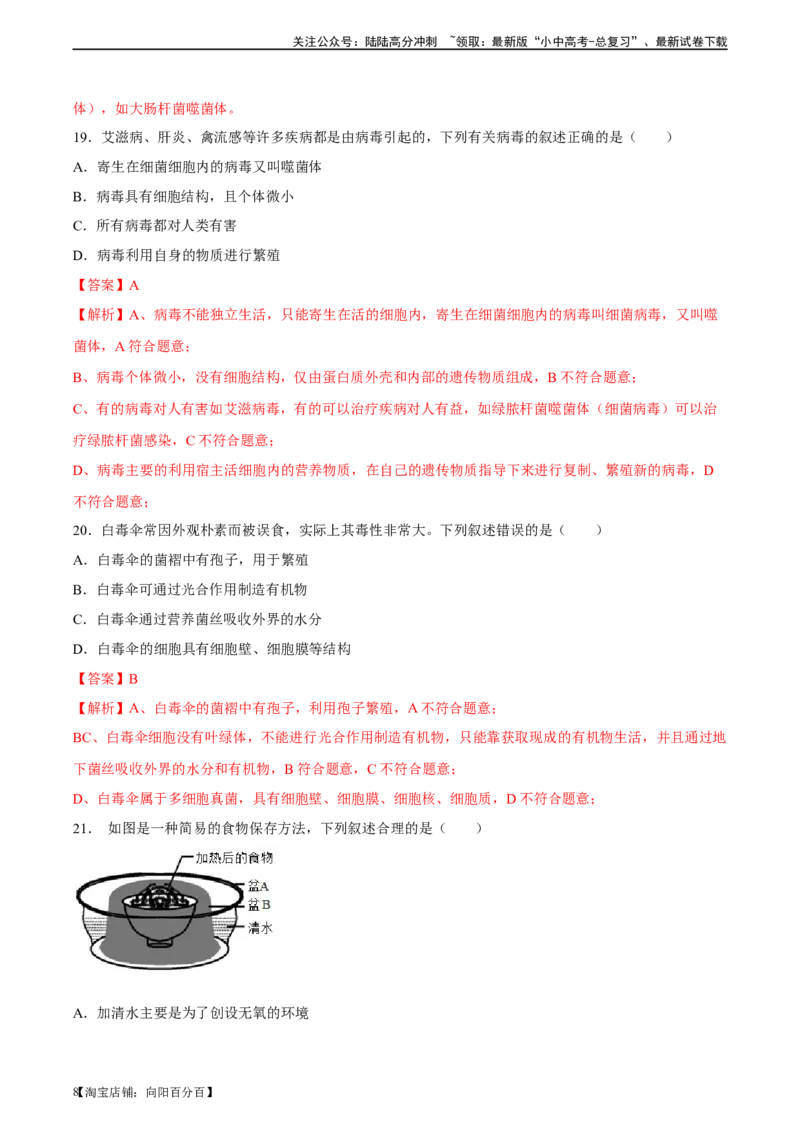 专题18细菌、真菌和病毒（习题精练）-省心备考2024年中考生物一轮复习精讲精练（全国通用）（解析版）_02中考总复习（2026版更新中）_08-生物-中考总复习_2024年中考复习资料