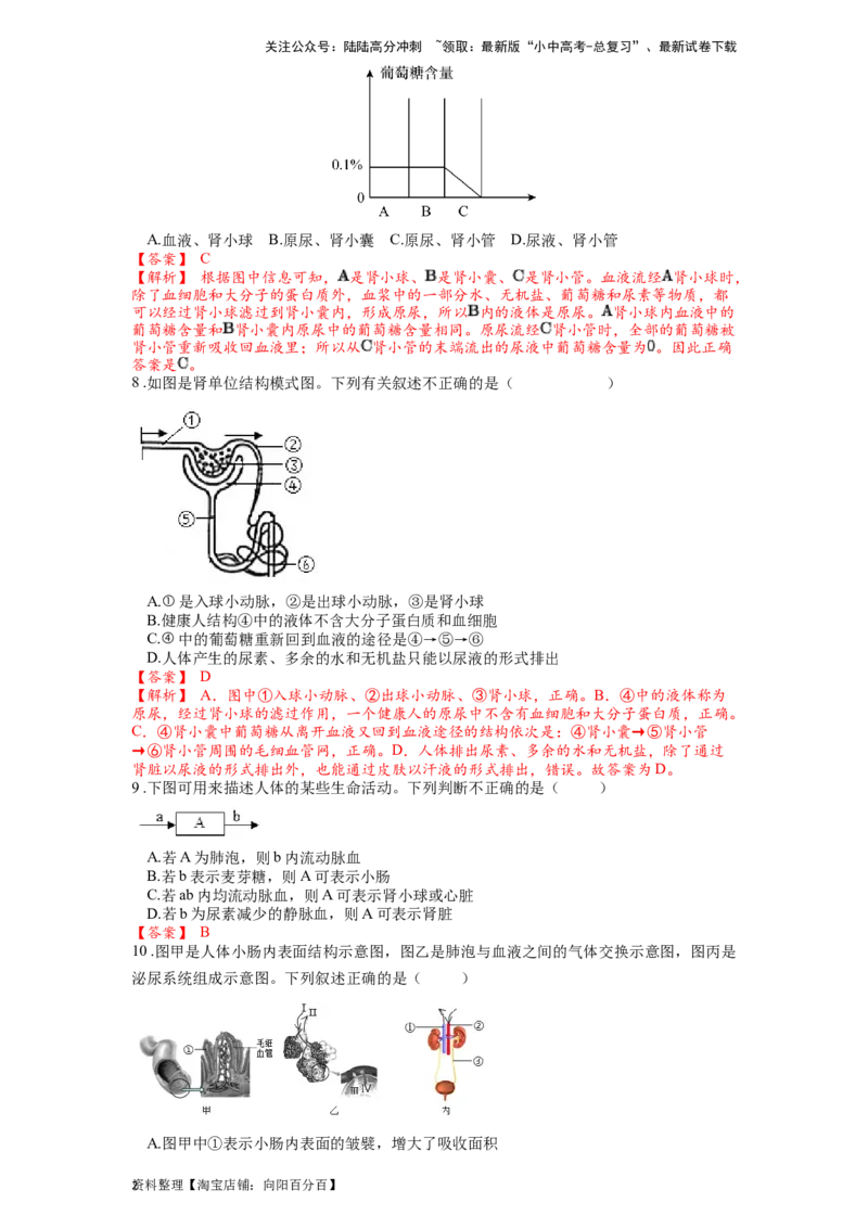 专题16人体内废物的排出（解析版）_02中考总复习（2026版更新中）_08-生物-中考总复习_2024年中考复习资料_一轮复习_配套练习_教师版（含答案解析）