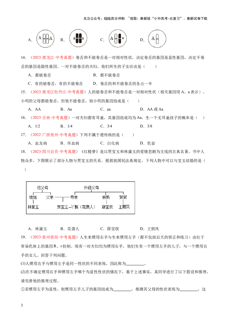 专题21生物的遗传和变异（原卷版）_02中考总复习（2026版更新中）_08-生物-中考总复习_2024年中考复习资料_一轮复习_❤备战2024年中考生物一轮复习考点帮（全国通用）_练习