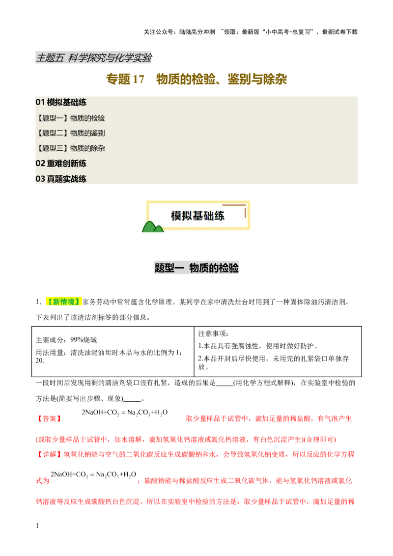 专题17物质的检验、鉴别和除杂（练习）（解析版）_02中考总复习（2026版更新中）_05-化学-中考总复习_2025年中考复习资料_2025中考化学一轮复习讲义+课件_练习