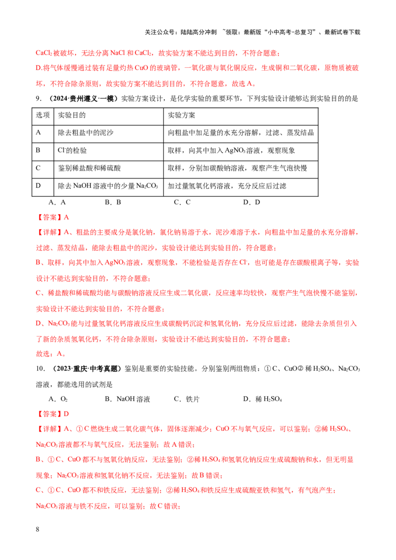 专题17物质的检验、鉴别和除杂（练习）（解析版）_02中考总复习（2026版更新中）_05-化学-中考总复习_2025年中考复习资料_2025中考化学一轮复习讲义+课件_练习