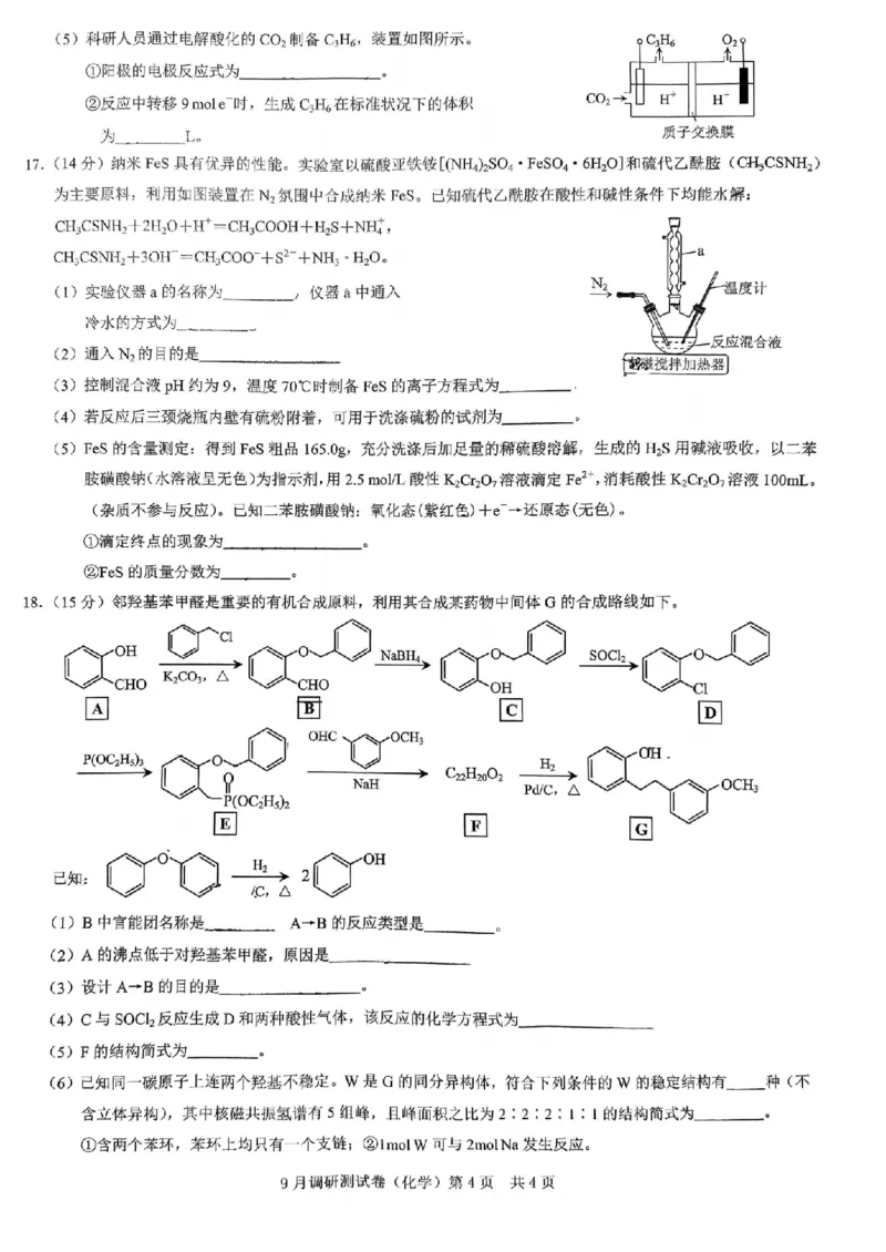 2025年重庆市普通高中学业水平选择性考试9月调研（康德卷）化学试卷_A1502026各地模拟卷（超值！）_9月_2409132025年普通高等学校招生全国统一招生重庆康德9月调研考试