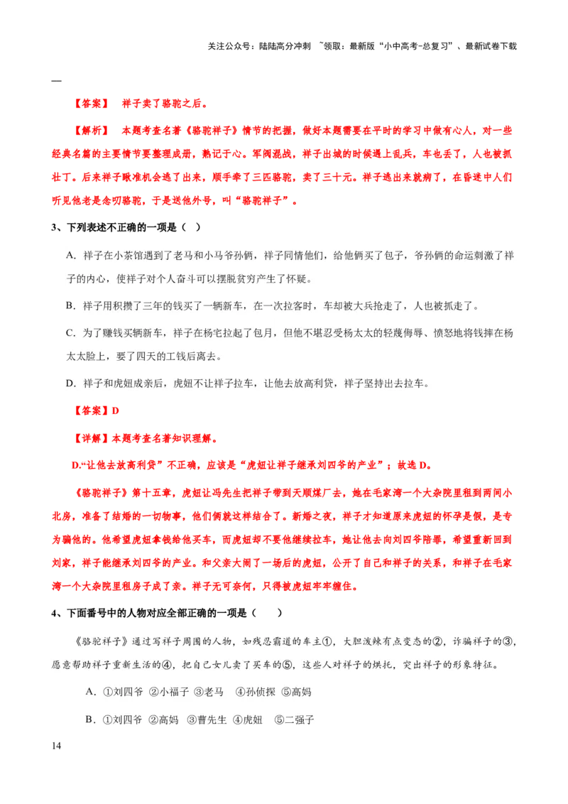 专题17《骆驼祥子》（知识梳理+练习）(解析版）_02中考总复习（2026版更新中）_01-语文-中考总复习_2025年中考资料_备战2025年中考语文一轮复习考点突破（全国通用）