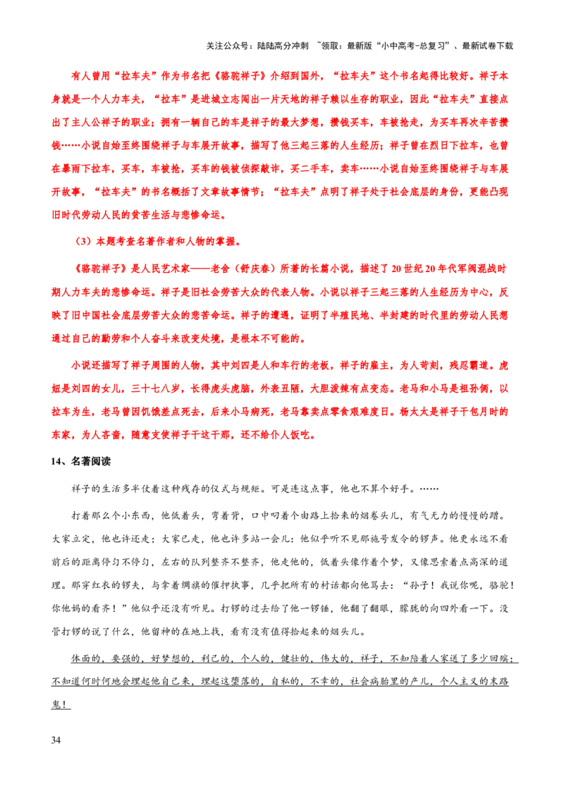 专题17《骆驼祥子》（知识梳理+练习）(解析版）_02中考总复习（2026版更新中）_01-语文-中考总复习_2025年中考资料_备战2025年中考语文一轮复习考点突破（全国通用）