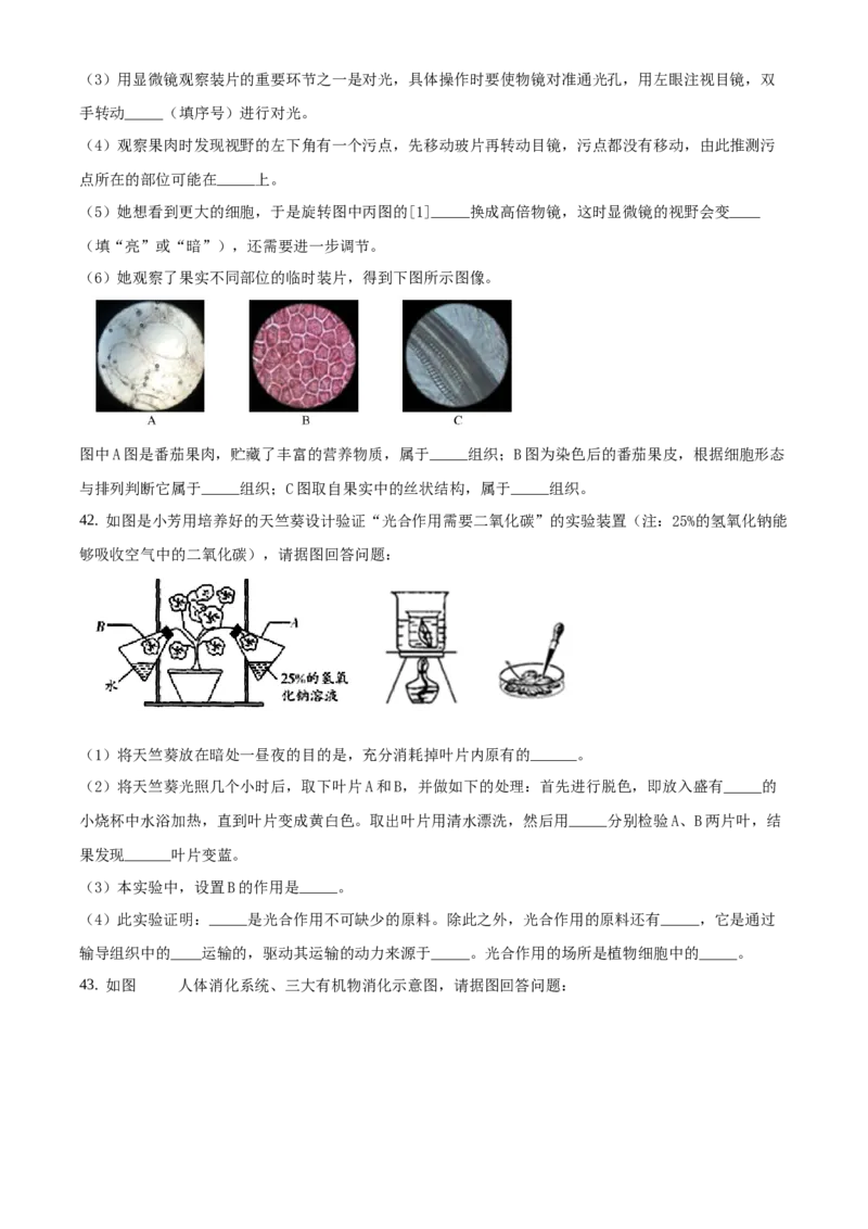精品解析：北京市房山区2019-2020学年七年级上学期期末生物试题（原卷版）(1)_北京初中期末题_C605-京七八九_B京生物七八九_北京7上生物_2019-2020