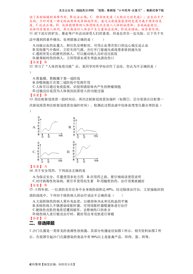 专题18传染病和免疫（解析版）_02中考总复习（2026版更新中）_08-生物-中考总复习_2024年中考复习资料_一轮复习_配套练习_教师版（含答案解析）