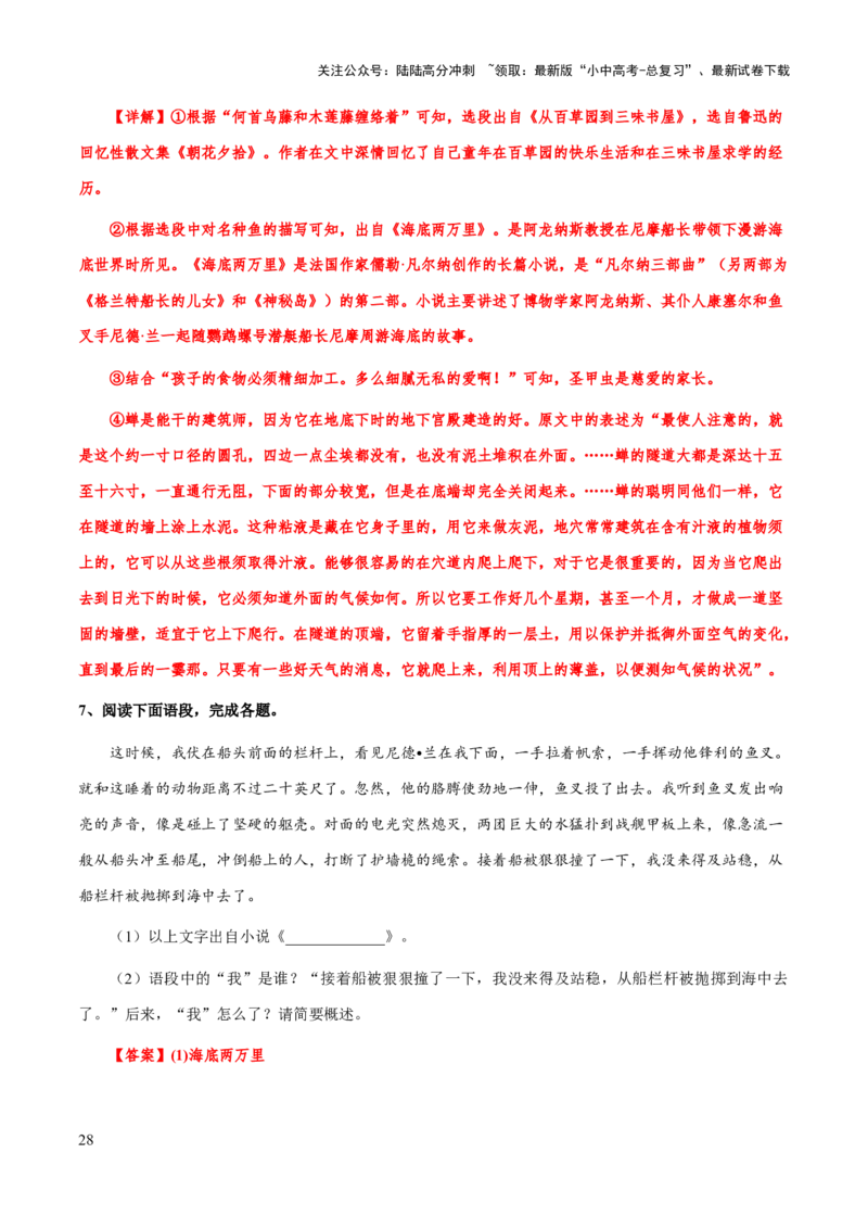 专题18《海底两万里》（知识梳理+练习）(解析版）_02中考总复习（2026版更新中）_01-语文-中考总复习_2025年中考资料_备战2025年中考语文一轮复习考点突破（全国通用）