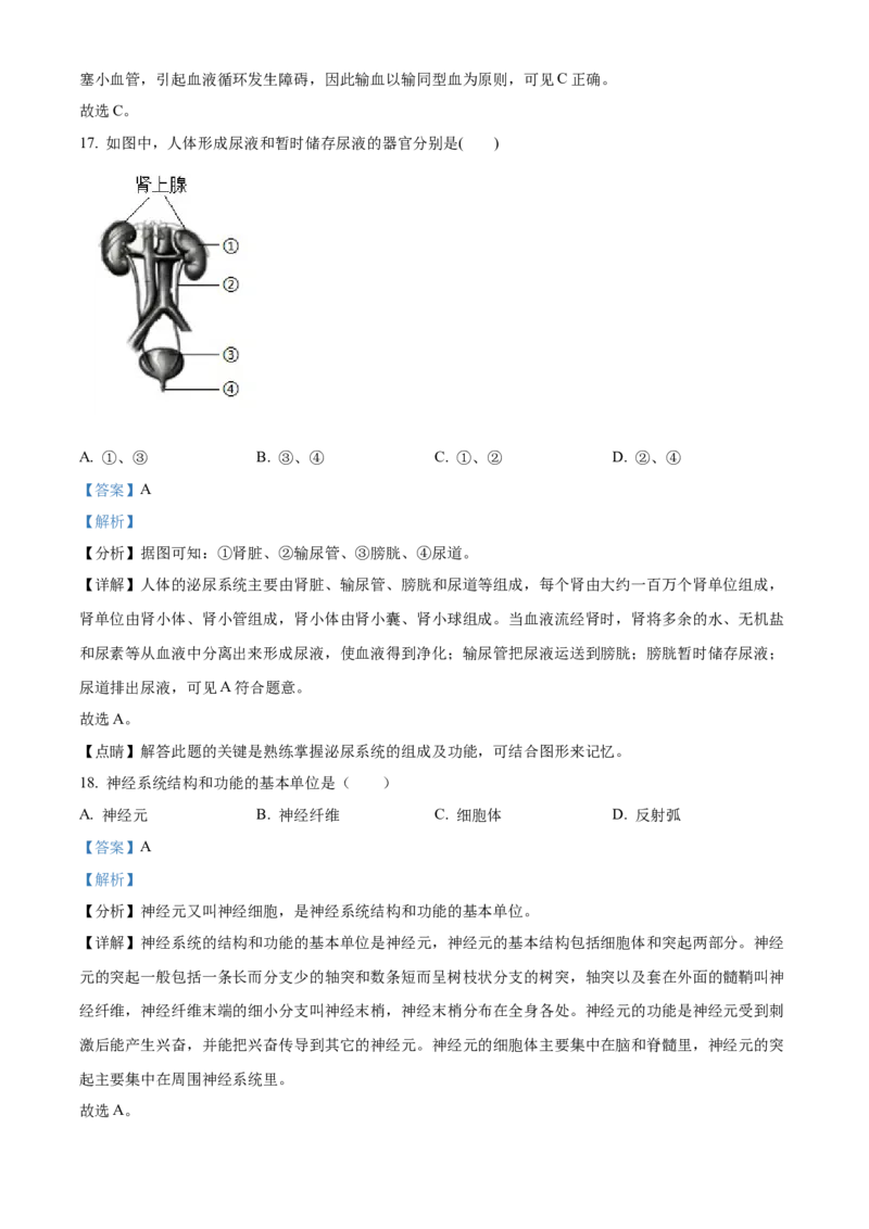 精品解析：北京市东城区2019-2020学年七年级下学期期末生物试题（解析版）(1)_北京初中期末题_C605-京七八九_B京生物七八九_北京7下生物_2019-2020
