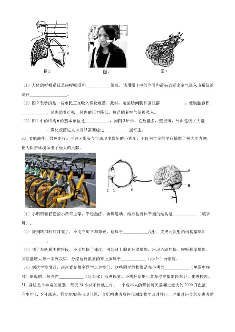 精品解析：北京市平谷区2020-2021学年七年级下学期期末生物试题（原卷版）(1)_北京初中期末题_C605-京七八九_B京生物七八九_北京7下生物_2020-2021