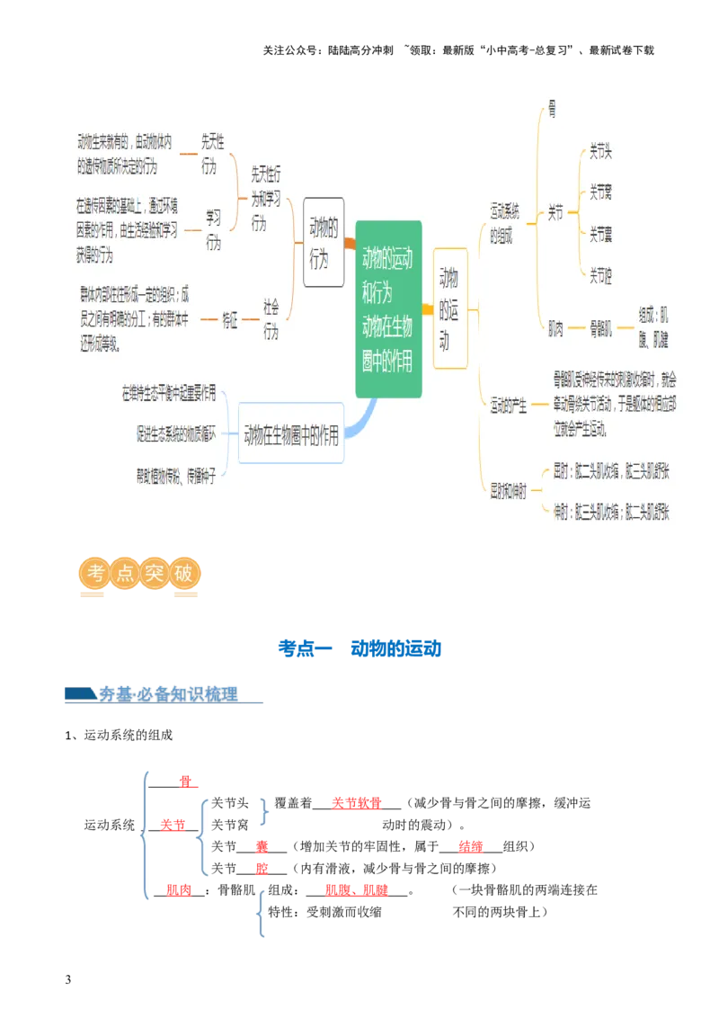 专题17动物的运动和行为、动物在生物圈中的作用（讲义）（解析版）_02中考总复习（2026版更新中）_08-生物-中考总复习_2024年中考复习资料_一轮复习_讲义