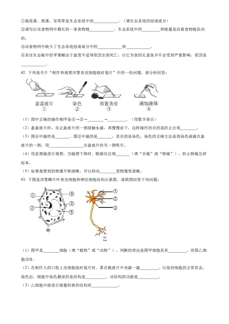 精品解析：北京市北京一零一中学2022-2023学年七年级上学期期中生物试题（原卷版）(1)_北京初中期末题_C605-京七八九_B京生物七八九_北京7上生物_2022-2024_北京生物7上期中