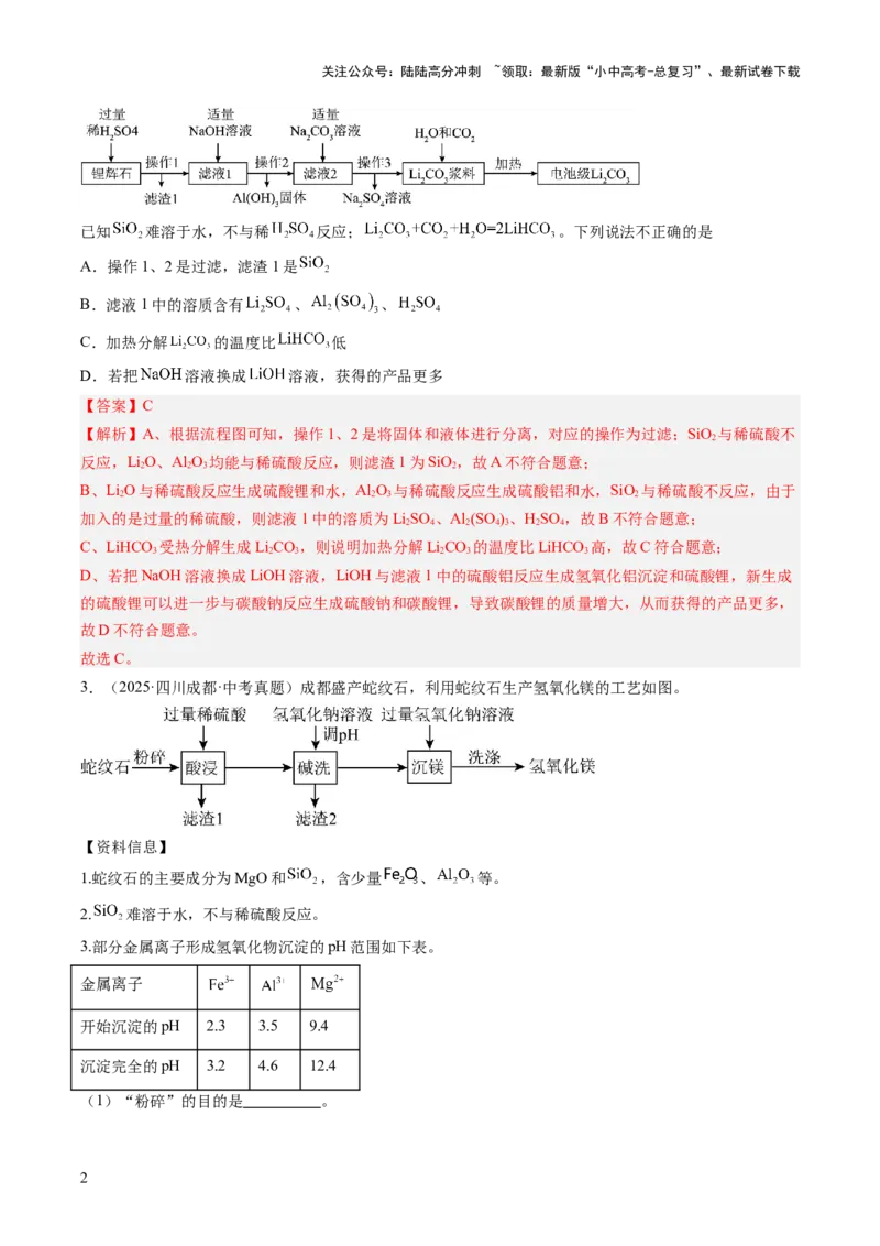 专题20工艺流程图题（解析版）_02中考总复习（2026版更新中）_05-化学-中考总复习_2026年中考复习（更新中）_好题汇编三年（2023-2025）中考化学真题分类汇编（全国通用）