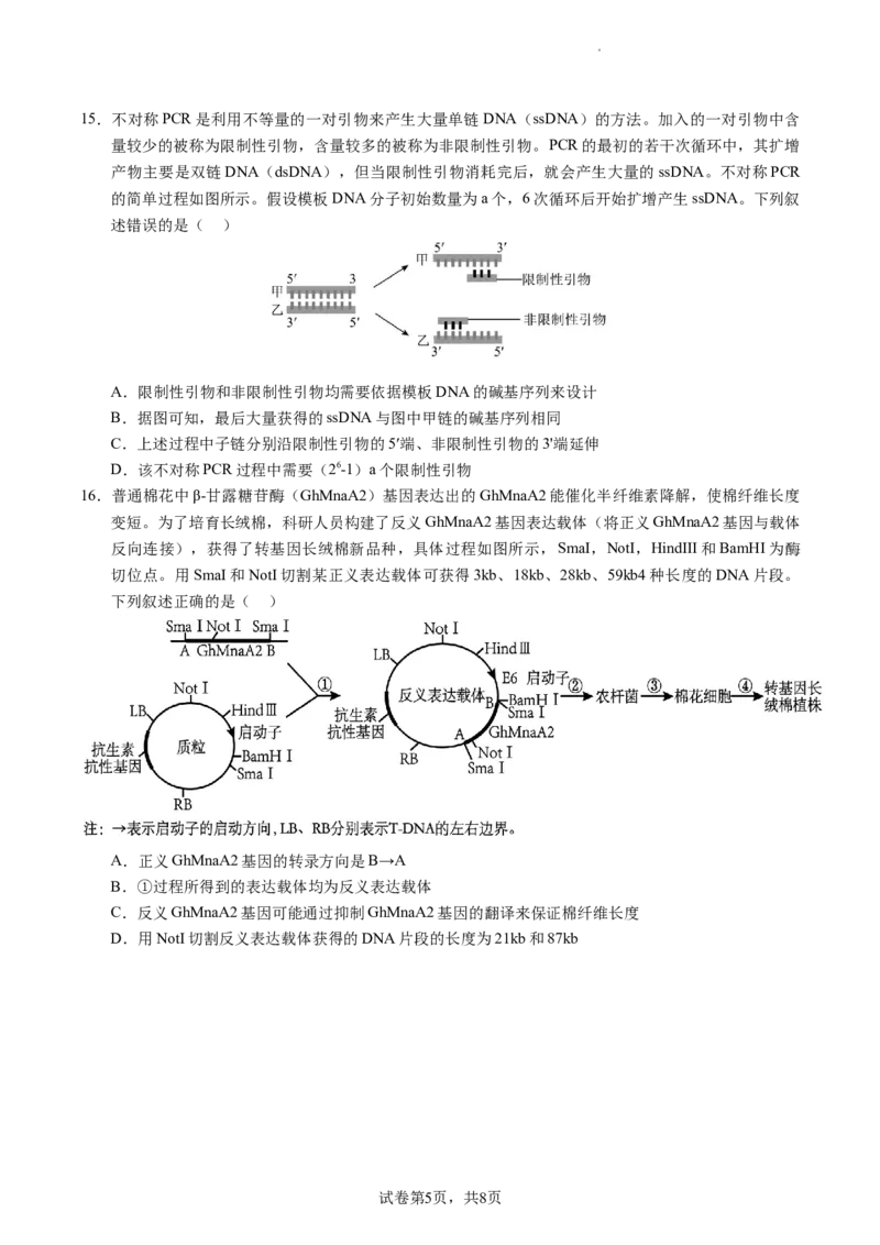 成都石室中学2023-2024学年度下期高2025届零诊模拟考试生物试卷_A1502026各地模拟卷（超值！）_6月_2406272025届四川省成都市石室中学高三零诊模拟_生物