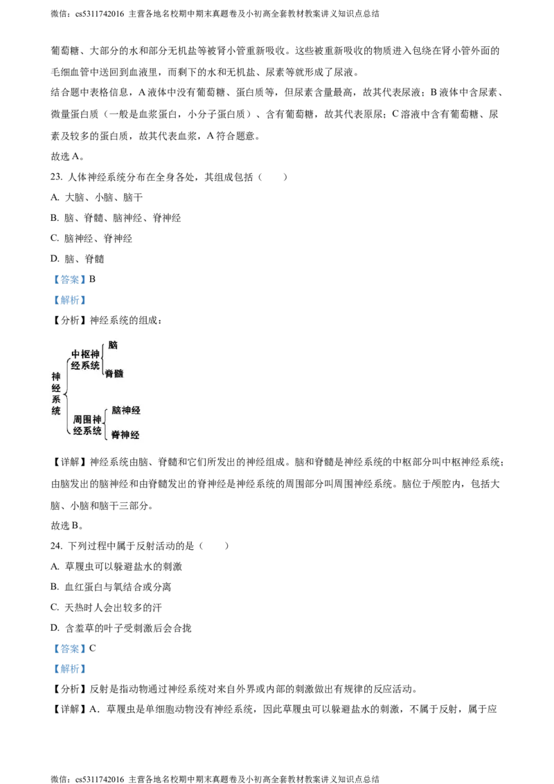 精品解析：北京市北京师范大学附属实验中学2022-2023学年七年级下学期期中生物试题（解析版）(1)_北京初中期末题_C605-京七八九_B京生物七八九_北京7下生物_2022-2024_北京生物7下期中