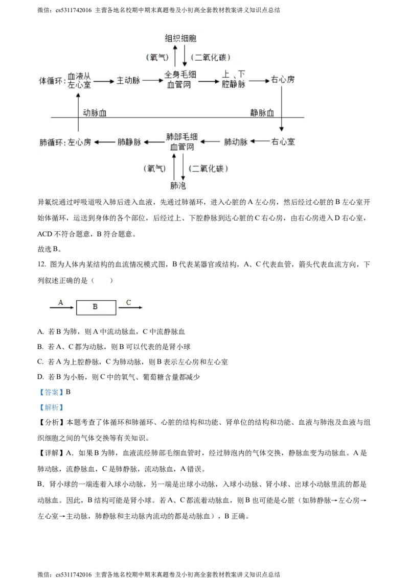 精品解析：北京市北京师范大学附属实验中学2022-2023学年七年级下学期期中生物试题（解析版）(1)_北京初中期末题_C605-京七八九_B京生物七八九_北京7下生物_2022-2024_北京生物7下期中