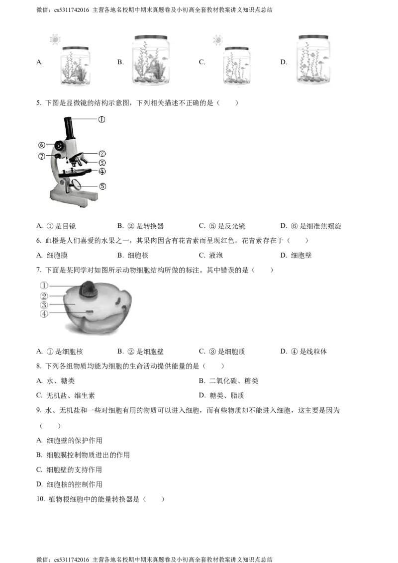 精品解析：北京市东城区2023-2024学年七年级上学期期末生物试题（原卷版）(1)_北京初中期末题_C605-京七八九_B京生物七八九_北京7上生物_2022-2024_北京生物7上期末