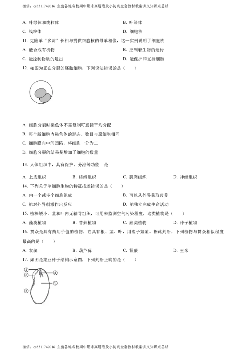 精品解析：北京市东城区2023-2024学年七年级上学期期末生物试题（原卷版）(1)_北京初中期末题_C605-京七八九_B京生物七八九_北京7上生物_2022-2024_北京生物7上期末
