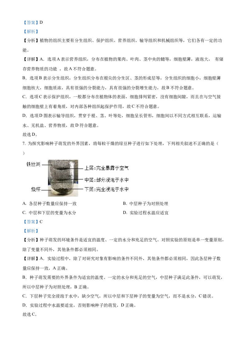 精品解析：北京市文汇中学2021-2022学年八年级下学期期中生物试题（解析版）(1)_北京初中期末题_C605-京七八九_B京生物七八九_北京八下生物