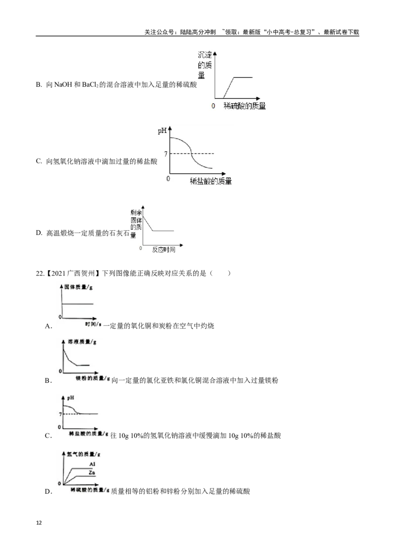 专题19坐标图像题（原卷版）_02中考总复习（2026版更新中）_05-化学-中考总复习_2024年中考复习资料_专项复习资料_完三年（2021-2023）中考化学真题分项汇编（全国通用）