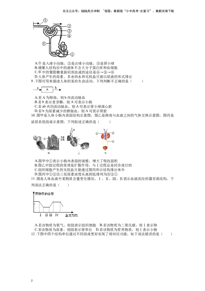 专题16人体内废物的排出（原卷版）_02中考总复习（2026版更新中）_08-生物-中考总复习_2024年中考复习资料_一轮复习_配套练习
