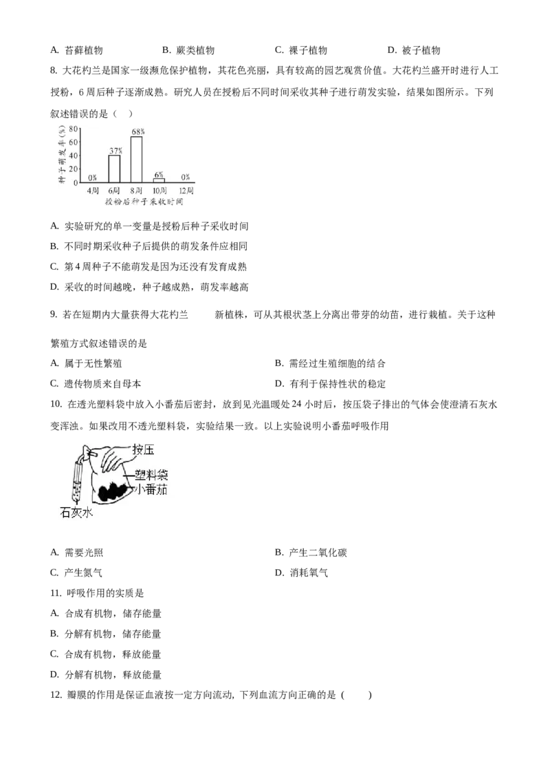 精品解析：2021年北京市丰台区中考一模生物试题（原卷版）(1)_北京初中期末题_C605-京七八九_B京生物七八九_北京八下生物_精品解析：2021年北京市丰台区中考一模生物试题