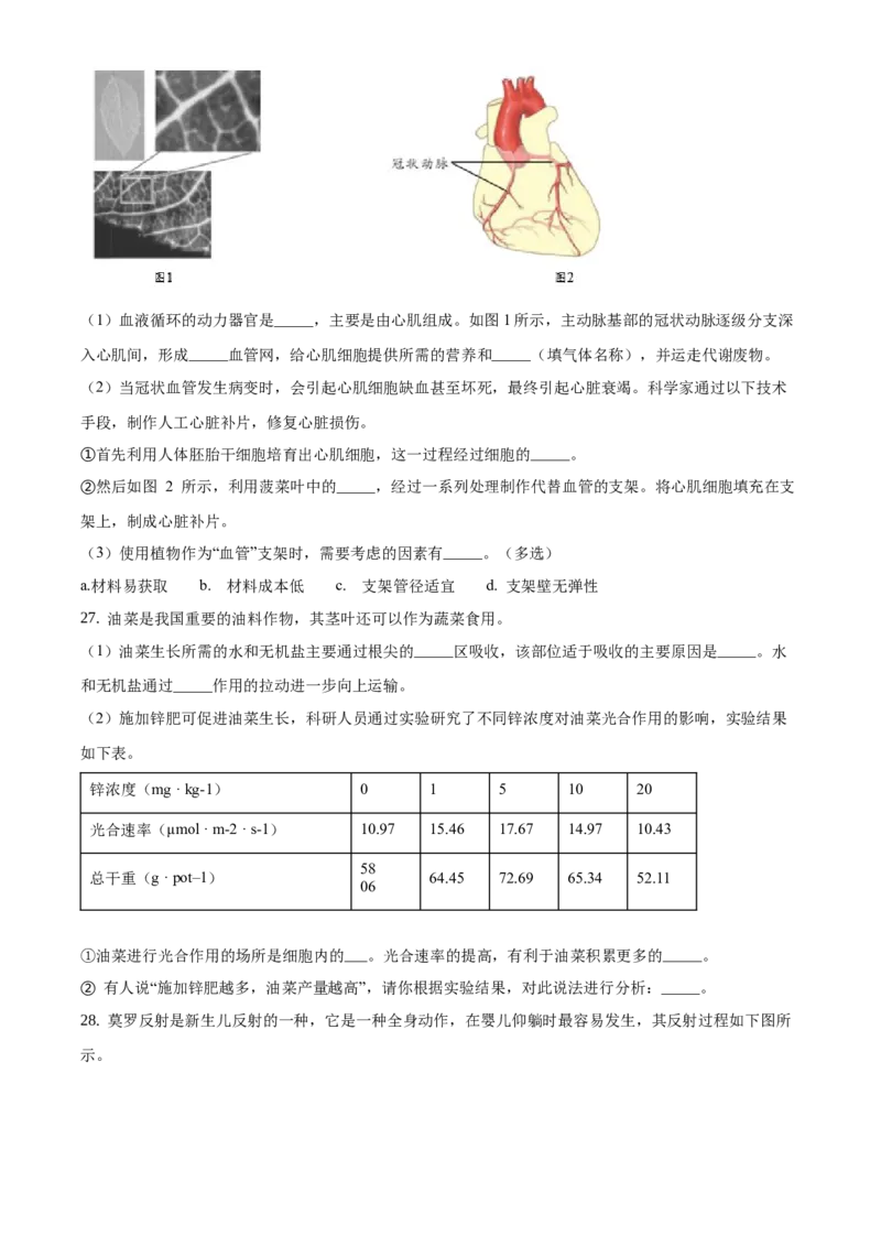 精品解析：2021年北京市丰台区中考一模生物试题（原卷版）(1)_北京初中期末题_C605-京七八九_B京生物七八九_北京八下生物_精品解析：2021年北京市丰台区中考一模生物试题