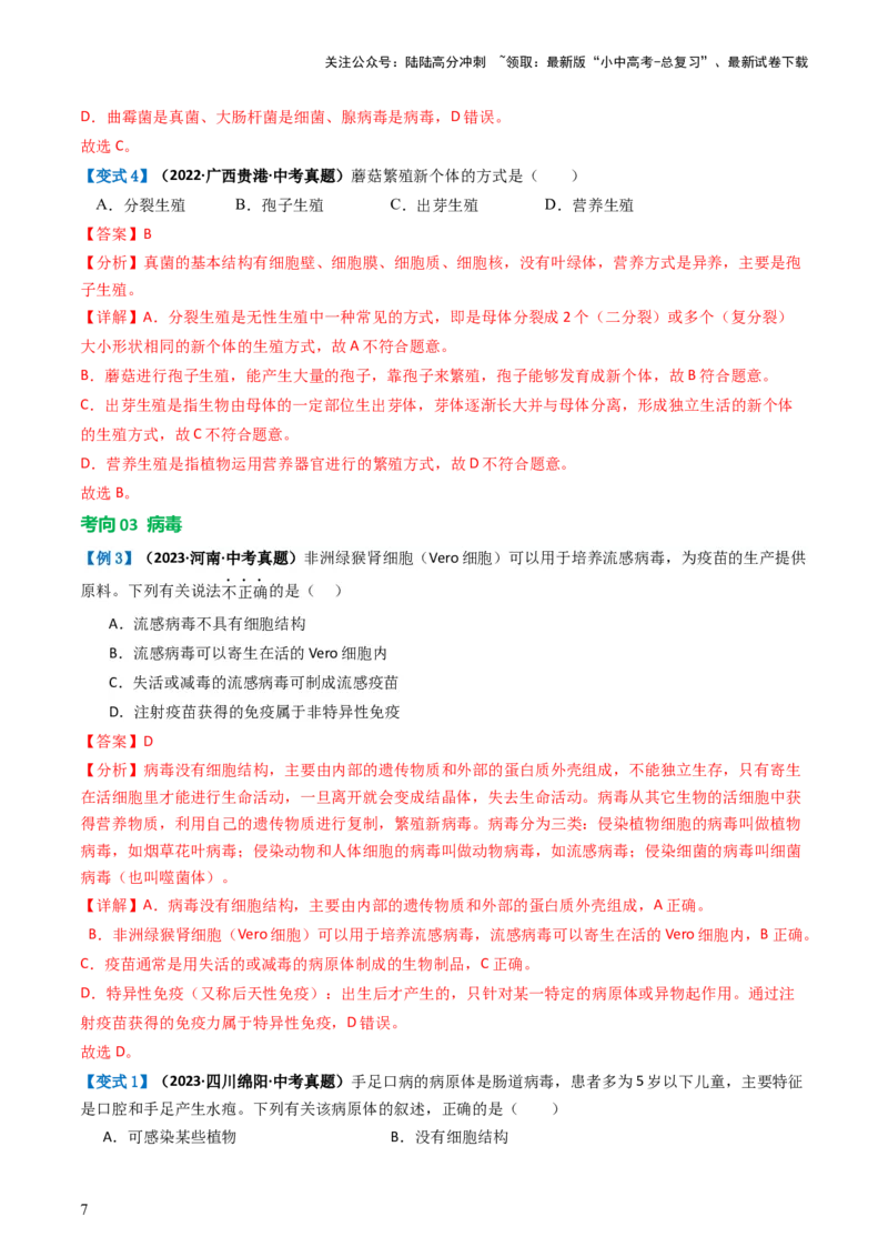 专题18细菌、真菌和病毒（讲义）（解析版）_02中考总复习（2026版更新中）_08-生物-中考总复习_2024年中考复习资料_一轮复习_❤2024年中考生物一轮复习讲练测（全国通用）_讲义