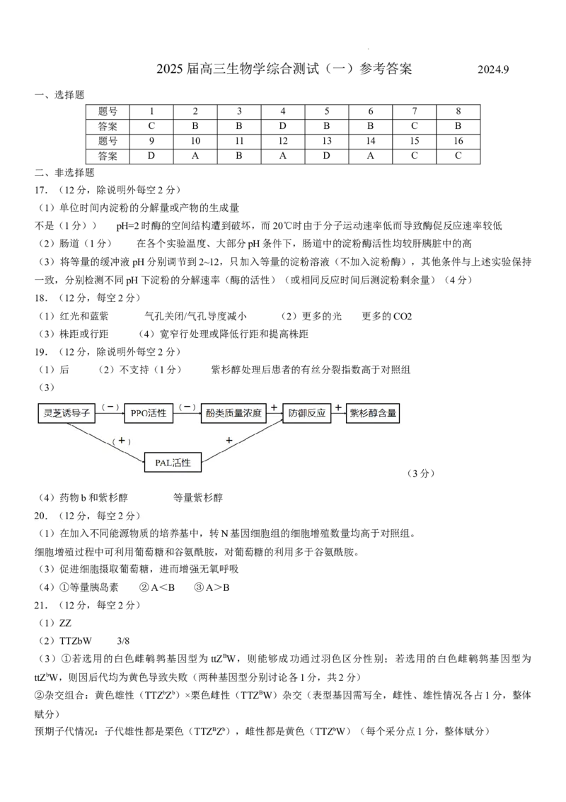 广东省华南师范大学附属中学2024-2024学年高三上学期综合测试（一）生物试题答案_A1502026各地模拟卷（超值！）_9月