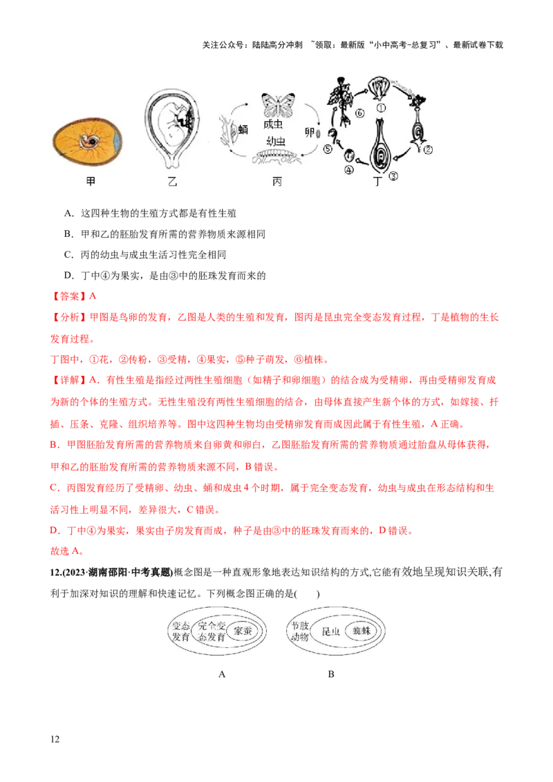 专题20生物的生殖和发育（练习）（解析版）_02中考总复习（2026版更新中）_08-生物-中考总复习_2024年中考复习资料_一轮复习_❤2024年中考生物一轮复习讲练测（全国通用）_练习
