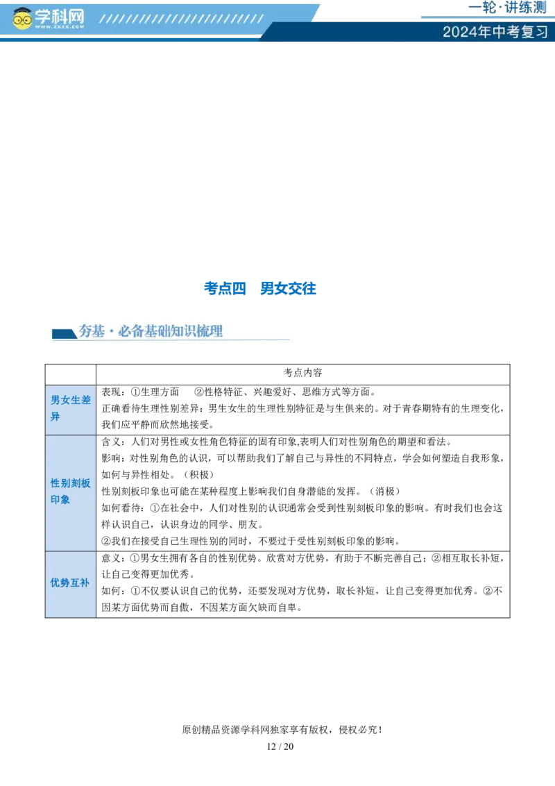 专题20青春时光（讲义）（PDF版）_02中考总复习（2026版更新中）_07-道法-中考总复习_2024年中考复习资料_一轮复习_2024年中考道德与法治一轮复习讲练测（全国通用）_配套讲义