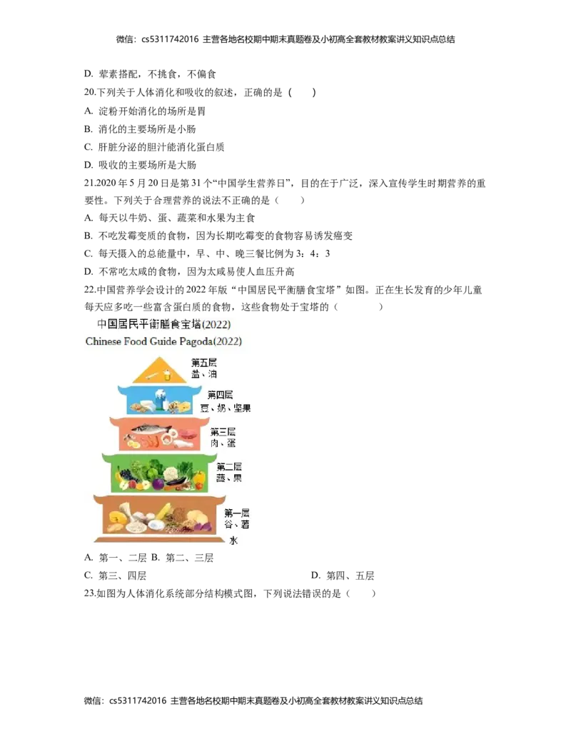 第一次阶段性检测A卷（考试版）测试范围：第一章、第二章(1)_北京初中期末题_C605-京七八九_B京生物七八九_北京7下生物_2022-2024_北京生物7下月考