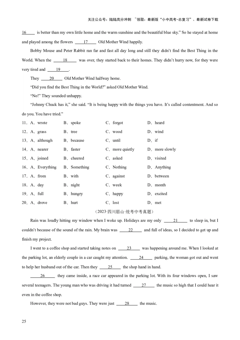 专题16完形填空考点2生活哲理类（全国通用）（原卷版）_02中考总复习（2026版更新中）_03-英语-中考总复习_2026年中考复习（更新中）