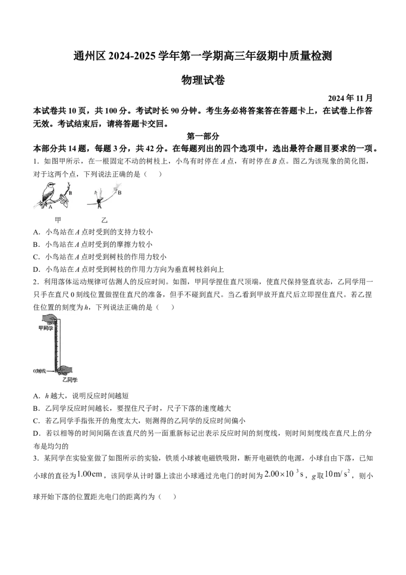 北京市通州区2024-2025学年高三上学期期中物理试卷（含答案）_A1502026各地模拟卷（超值！）_11月_241125北京市通州区2024-2025学年高三上学期11月期中质量检测