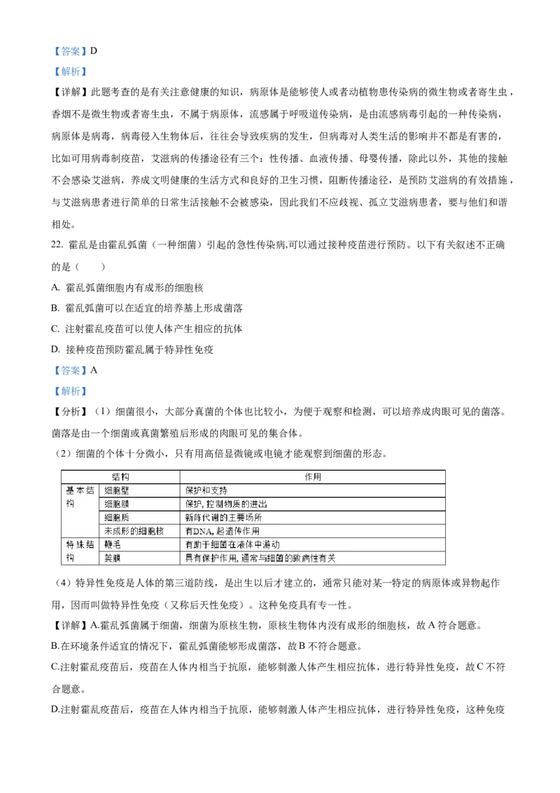 精品解析：北京市东城区汇文中学教育集团2021-2022学年八年级下学期阶段性练习（二模）生物试题（解析版）(1)_北京初中期末题_C605-京七八九_B京生物七八九_北京八下生物
