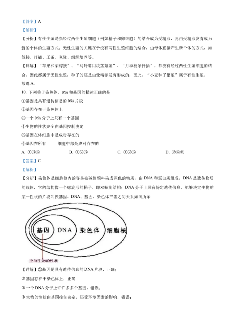 精品解析：北京市东城区汇文中学教育集团2021-2022学年八年级下学期阶段性练习（二模）生物试题（解析版）(1)_北京初中期末题_C605-京七八九_B京生物七八九_北京八下生物