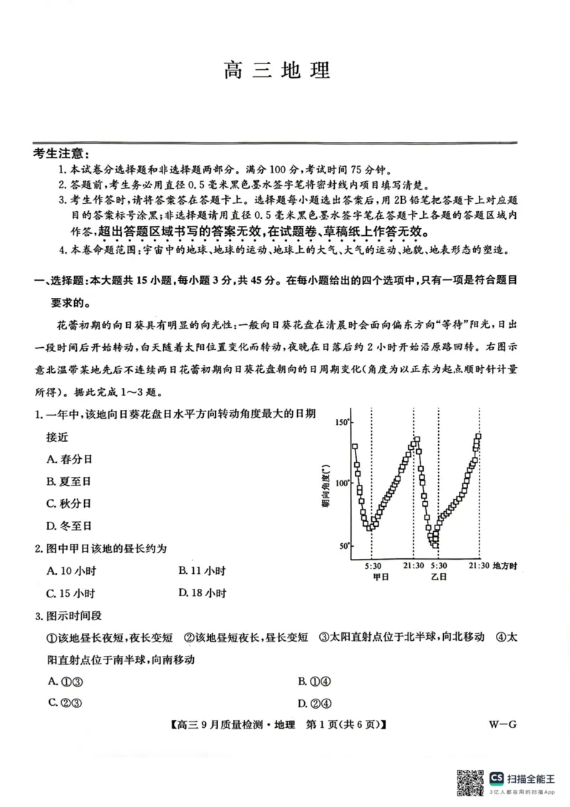 九师联盟2025届高三10月联考（W-G）地理试题_A1502026各地模拟卷（超值！）_10月_2410082025届九师联盟高三10月8联考（9月质量检测巩固卷G）